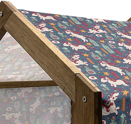 Casa de cães de madeira de Ambesonne Unicorn, Felicidade estrela corações arco-íris Estilo de desenho animado mágico de estilo