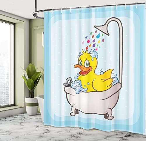 Cortina de chuveiro de pato de Ambesonne, personagem de desenho animado tomando banho colorido colorido pontos de fundo, decoração de banheiro de tecido com ganchos, 69 W x 84 l, macio azul azul -céu amarelo amarelo