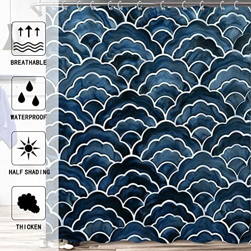 Moderno abstrato boho chuveiro cortina marinho azul branco banheira de onda de moda moda de molho de banheiro de papel de banheiro à prova d'água, cortina de chuveiro, 72 x 72 polegadas