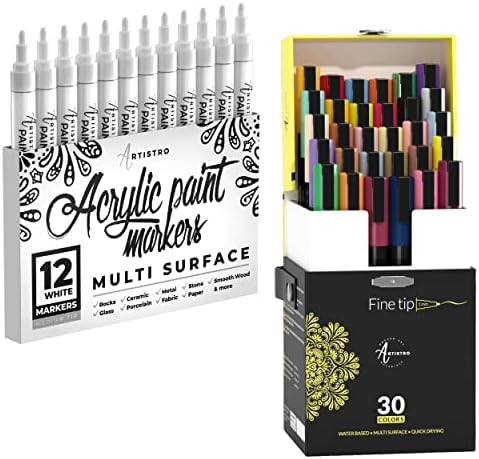 Artistro 30 Marcadores de tinta acrílica ponta fina e 12 canetas de tinta branca acrílica ponta média, pacote para rocha,