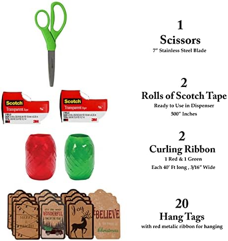 Kit de presentes para fitas de fita de tesouras e 20 tags de suspensão - Conjunto de embalagem de férias de Natal - barris de