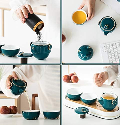 Conjunto de chá de chá de cerâmica portátil: Lucky Cat Porcelain Bule de chá com filtro de chá - tampas e 1 caixa de armazenamento à prova de choque - Adequado para viagens - Piquenique ao ar livre - Trabalho de escritório - Home - Green