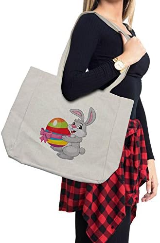 Bolsa de compras de Páscoa de Ambesonne, coelho de desenho animado segurando um ovo listrado colorido com uma bolsa reutilizável
