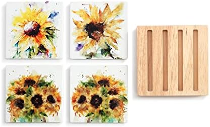 Demdaco Aquarela Sunflower Amarelo quadrado de 4,5 polegadas Coasters de cerâmica com suporte de suporte de 4