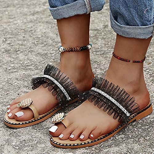 Sandálias de USyfakgh para mulheres casuais verão girls pérolas pearl plana bohemian sandálias casuais sapatos de praia