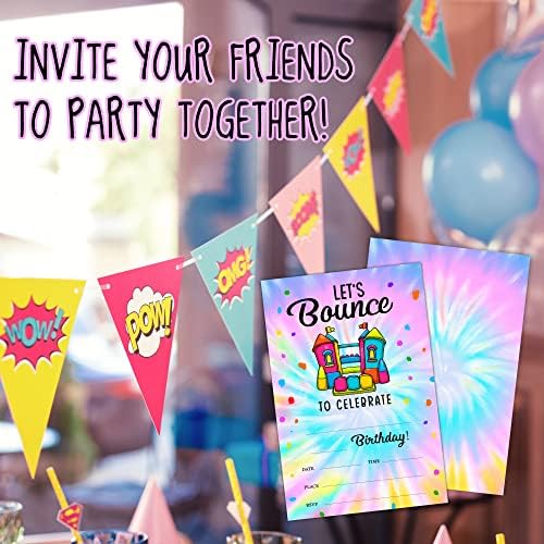 LWBEO 20 cartões de convite de aniversário com envelopes ， Feliz Aniversário Celebração Convite para meninos ou meninas, TIY Dye Bounce House, Salt Birthday Party Supplies -a21