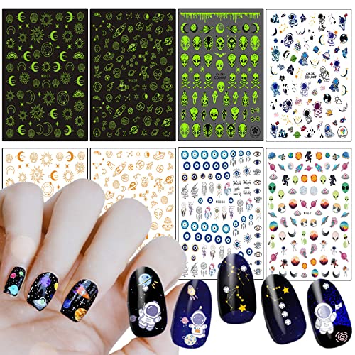 Alien Unh Nail Art Stickers, Astronaut Earth Moon Star UFO Rocket Eyes Unhas Designs de adesivos auto-adesivos, Decalques de transferência de unhas luminosos 3D, suprimentos para decorações de manicure para mulheres, decalque de unhas DIY