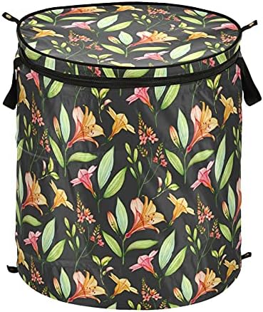 Tropical Bleck Lily Pop -up Rapazina de roupa com tampa de cesta de armazenamento dobrável Bolsa de lavanderia dobrável para dormitório
