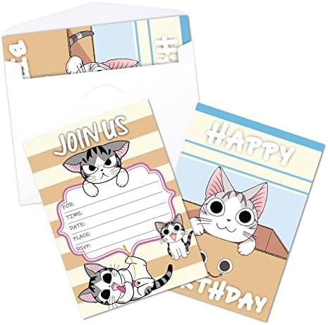 Ullaeph 16pcs desenho animado Cartões de convite de gato fofo cartões de convite de festa para crianças aniversário de