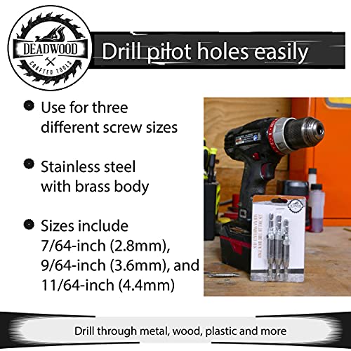Deadwood Crafted Tools Vix Self Centering Drill Bit Bits - 7/64, 9/64 e 11/64in Bits de perfuração de madeira para dobradiças e prateleiras
