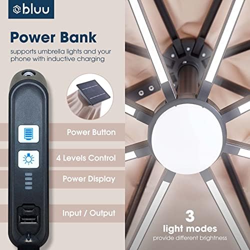 Bluu Sequoia 12 pés Solar Cantilever Umbrella Led Aluminium Offset Umbrella com 15 luzes de tira e luz central, tecido reciclado de 36 meses resistência ao desbotamento, rotação de 360 ​​° e base cruzada…