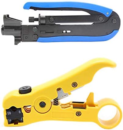 Carkio 1 Pacote amarelo de remoção de cabo coaxial universal+1 pacote de ferramenta de crimpagem de cabo coaxial, ferramenta de compressão coaxial Coaxial CAV CRIMPER KIT COMPATÍVEL COM TV PLATA OU ROUNTE/UTP RG59/6/7/11