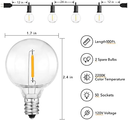 Luzes de cordas ao ar livre de Brightown 100 pés- Luzes de cordas LED G40 Globe Patio Lights Economia de energia com 50 lâmpadas