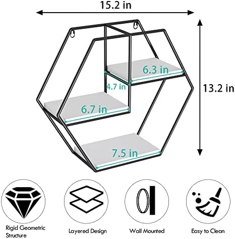 Prateleiras flutuantes hexágono montadas na parede - 3 camadas de hexagon decorativo prateleira de parede pendurada, madeira e prateleiras