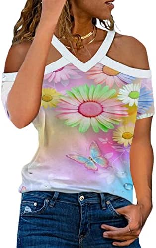Camiseta superior para mulheres outono de verão de manga curta fora de algodão v alcoólico backless halter gráfico halter casual top