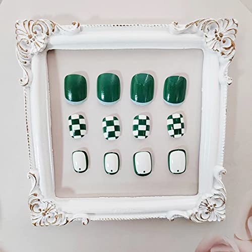 24pcs Francês Pressione UNIFICAÇÃO CURTA FALSA BULHA VERDE VERMELHO NAS NEWS ACRYLIC Sques False unhas com design de xadrez de design