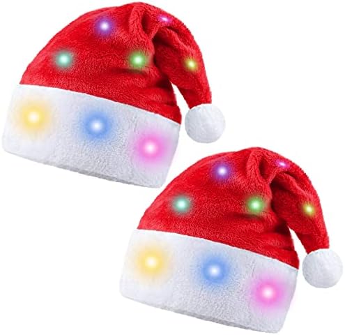 Hiwooii 2 peças chapéu de Natal com luzes LEDs coloridas luxuoso chapéu de Papai Noel Light Up Velvet Comfort Hats for Party Supplies