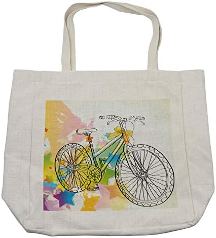 Bolsa de compras esboçadas de Ambesonne, imagem de mãos desenhadas de um padrão colorido abstrato de bicicleta com arco em uma imagem de bicicleta, bolsa reutilizável ecológica para a praia de mantimentos e mais, 15,5 x 14,5, creme