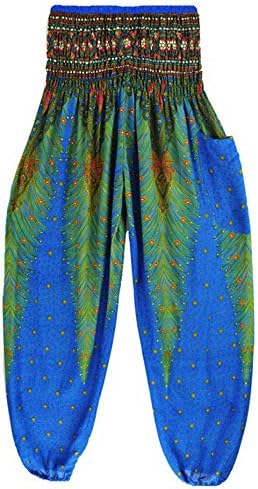 Andongnywell Mulheres hippie boho ioga calças smocked waist harém palazzo calças casuais calças de harém boêmio com bolsos