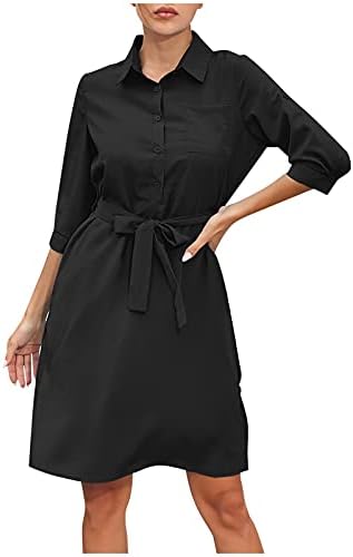 vestido de camiseta de botão feminina para mulheres iqka vestidos de camisa meia de manga com cinto elegante mini