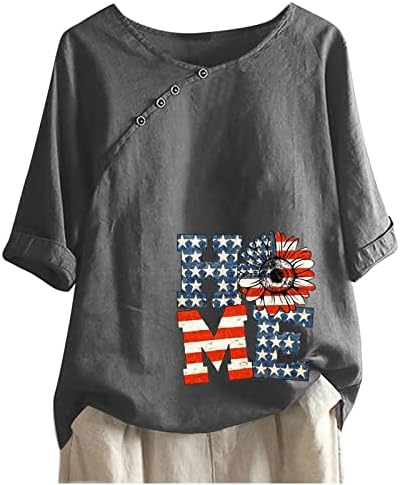 Spandex de manga comprida Top Independence Day Summer Summer Womens Halve Sanve V Botão lateral do pescoço FILL FIL