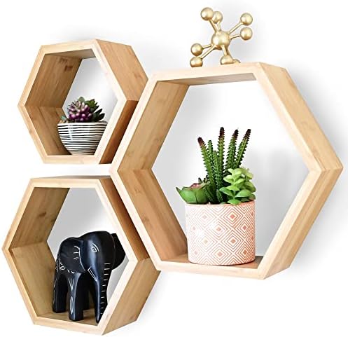 Prateleiras flutuantes de bambu hexagon para decoração de parede - Conjunto de 3 - prateleiras de favo de mel com favo de mel com parede para decoração de salas de prateleira hexagona montada