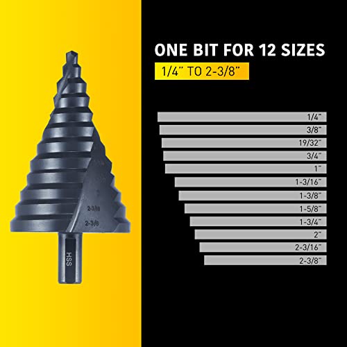 Anfrere 12 tamanhos Bit de broca de etapa, 1/4 a 2-3/8 polegadas preto de velocidade de aço de alta velocidade Bits para corte de perfuração de orifício de chapas, Sprial Unibit extra grande de 2-3/8 polegadas