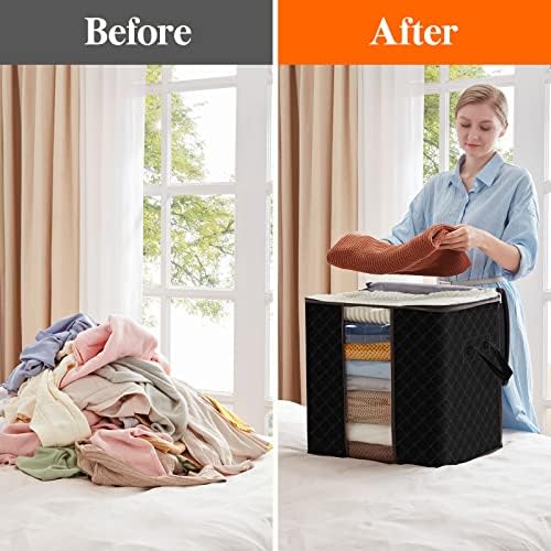 Saco de armazenamento de roupas LifeWit 90L Organizador de grande capacidade com tecido espesso de alça reforçado para edredons, cobertores, roupas de cama, dobráveis ​​com zíper resistente, janela transparente, 6 pacote, preto