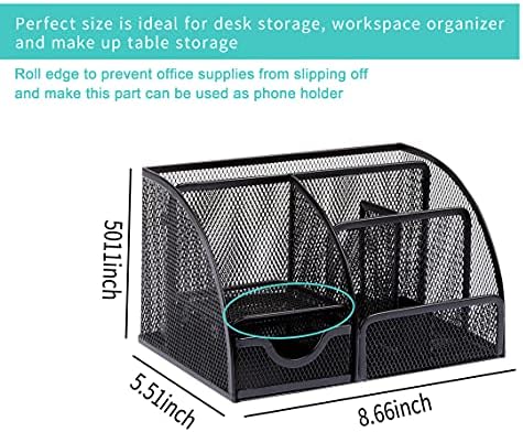 Caddy de organizador de mesa de suprimentos de escritório com 6 compartimentos + 1 gaveta deslizante, itens essenciais de mesa