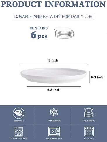 Placas de salada de sobremesa de porcelana Kanwone - 8 polegadas - conjunto de 6, placas de segurança brancas, microondas e