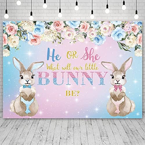 Aibiin 7x5ft Bunny Gênero Revelar cenário ele ou ela O que nosso coelho é um coelho rosa Flores azuis Antecedentes de páscoa Gênero