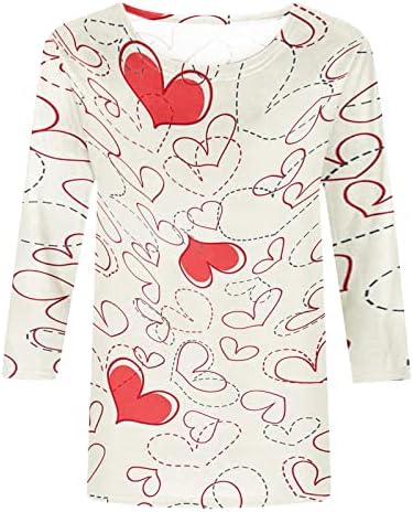 3/4 de manga Tshirt do Dia dos Namorados para Mulheres Coração Graphic Print Bloups Tees Tops 2022 Pullovers casuais para mulheres