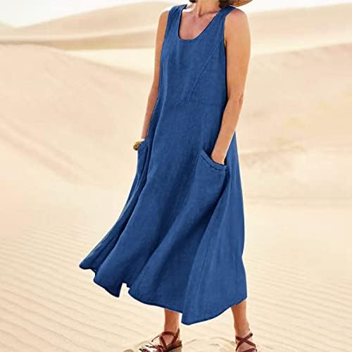 Vestidos de verão vezad para mulheres 2023 Casual Color Solid Color Cotton Linen Pocket Dress Dress Dress Sleeveless Round Neck