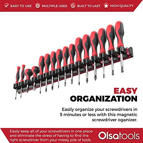Organizador da chave de fenda magnética da OLSA Ferramentas | Titular da ferramenta de qualidade profissional | Cabe até 16 chaves de fenda | Vermelho