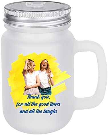 Foto personalizada de desenhos animados 12 onças. Jarra de pedreiro fosco com tampa e palha | Jar de pedreiro personalizado | Caneca de café gelado | Presente de dama de honra | Tumbler