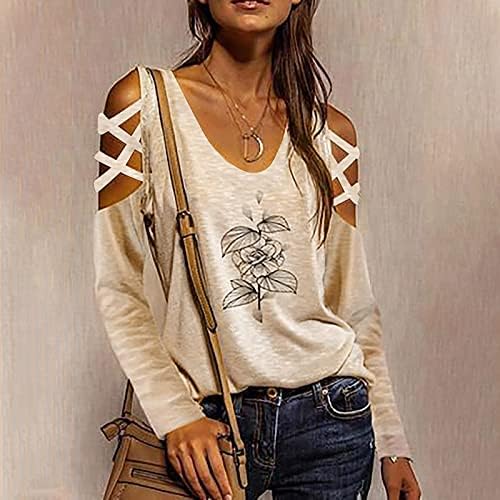 Blusa de ombro feminino Tops de pulseira imprimindo o pescoço de manga longa camiseta de camiseta de blusas gráficas casuais