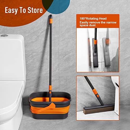 MOP e balde de esponja de limpeza para o banheiro da cozinha, limpeza de piso de ladrilho e balde dobrável com 2 cabeças de esponja,