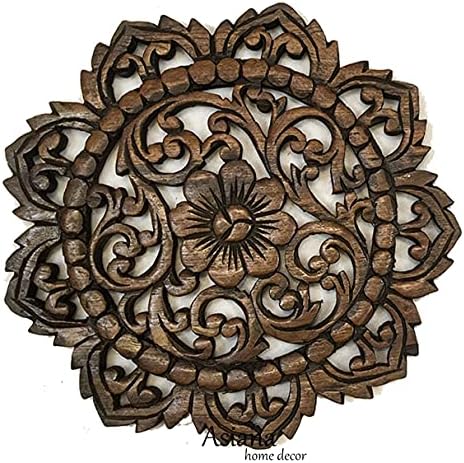 Conjunto de decoração da casa Asiana de 2 arte redonda de parede de madeira esculpida. Placa de madeira redonda de lótus esculpida oriental