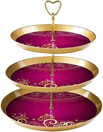 Conjunto de exibição de mesa de sobremesa, suporte de cupcakes de ouro, estandes de sobremesa, bandeja de 3 camadas, suporte de camada de bolo, suporte de bolo de casamento para mesa de sobremesa, mandala de flor de ouro roxo étnico vintage vintage