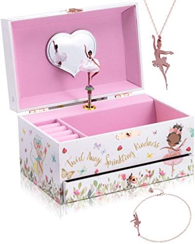The Memory Building Company Music Box - Ballerina Jewelry Box for Girls and Boys w/colar e pulseira combinando - presentes de aniversário