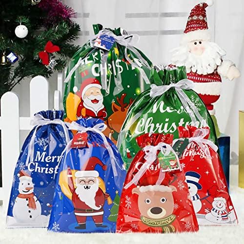 30pcs sacos de cordão de natal 10 estilo 5 tamanhos, sacolas de presente de Natal com tags e gravatas, pequenos sacos médios