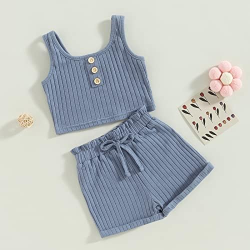 MoreUluck Criandler bebê menina roupas de verão shorts conjunto de 2pcs tanque de tanque de nervuras e camisola de cordão curto.