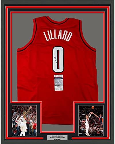 Damian Lillard autografado/assinado emoldurado 33x42 Jersey de basquete vermelho Portland JSA COA