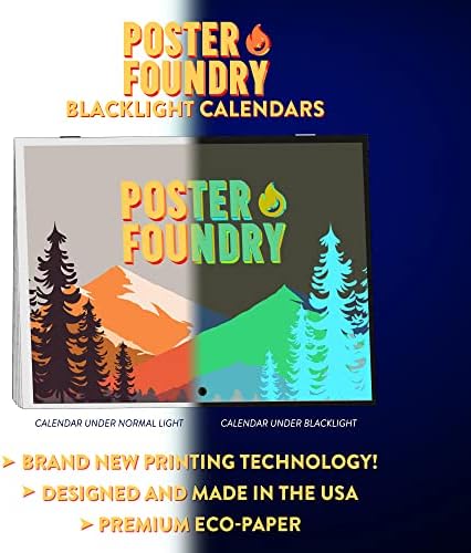 Poster Foundry - Bob Ross oficialmente autorizado Blacklight Calendário 2023 Calendário de parede mensal PAIXO PAISTA PAIXO PAINTER
