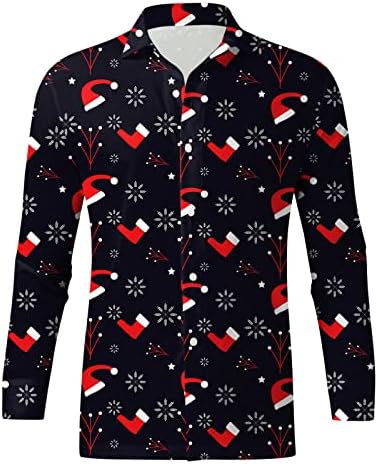 Camisas de Natal Wocachi para masculino, botão, imprimir trajes de festa de colarinho de colarinho de Natal Tops de manga longa
