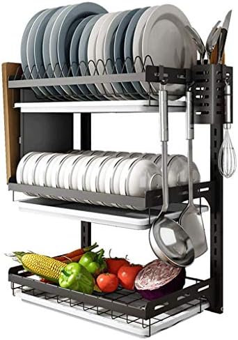 Klhdgfd sobre o rack de secagem, grande prato de aço inoxidável premium com ganchos de utensílios para o balcão de cozinha sem deslizamento