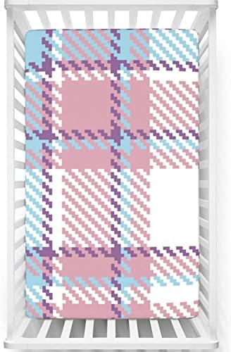 Mini-berço com tema quadriculado lençóis de berço, lençóis de berço portáteis lençóis macios e respiráveis ​​lençóis de berço-bebê para menina ou menino, 24 “x38“, lilás roxa azul pálido