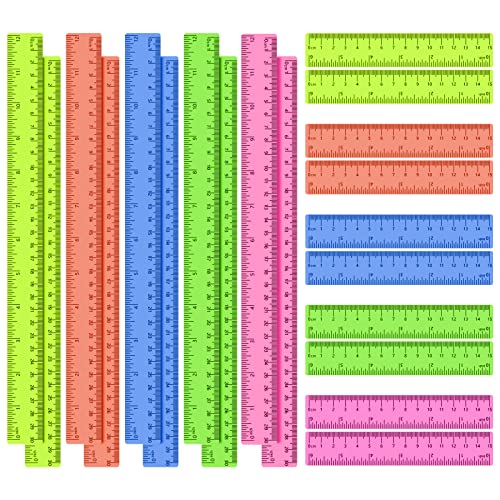 20 réguas de cores de embalagem, réguas de plástico, réguas retas com polegadas, centímetros e milímetro de régua de crianças