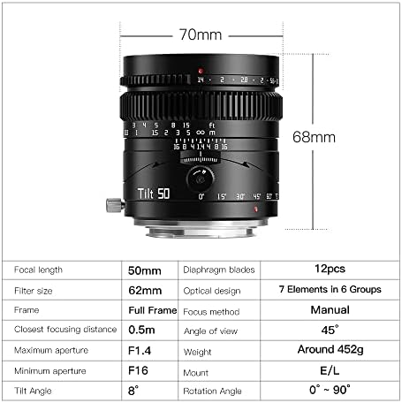 Ttartisan 50mm f1.4 lente de inclinação de quadro completo lentes manuais de retrato de grande abertura compatível com rf/eos-r
