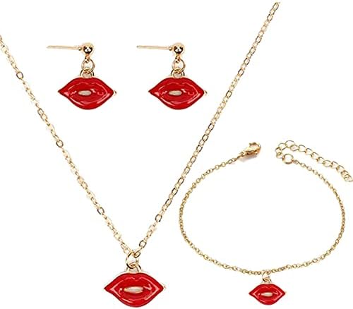 Colar de lábios vermelhos boca pendente beijo lábios Bracelete Lip Brincos Brincos para mulheres Jóias de festa